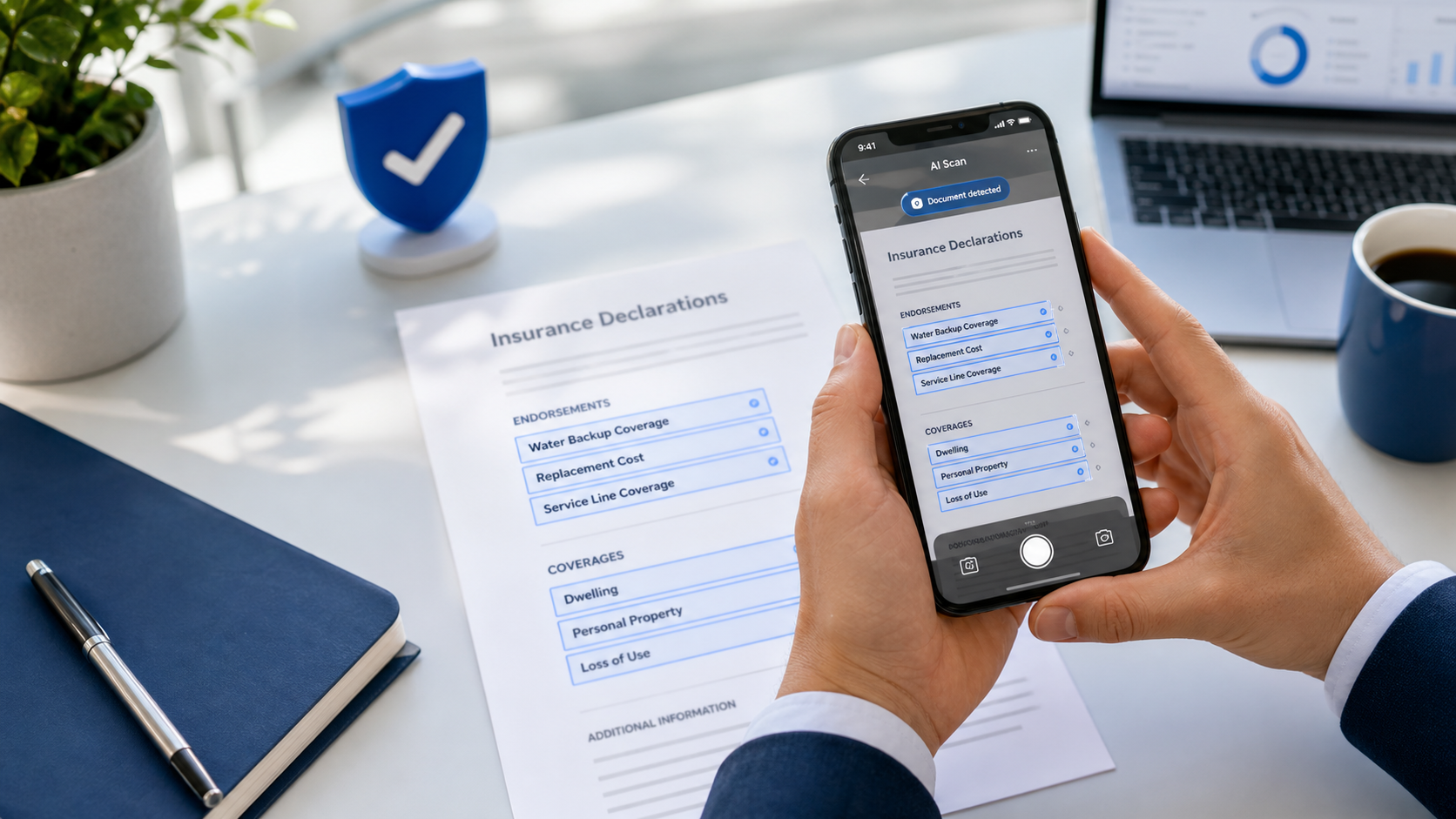 Phone camera scanning an insurance declaration page with AI highlights